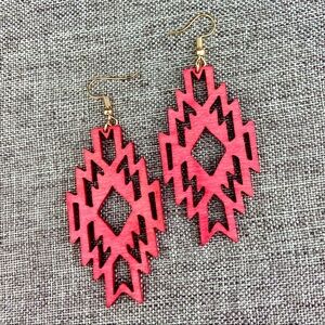 VINTAGE Red Wooden Cut Out Earrings Native Southwest Aztec Pattern Hanging